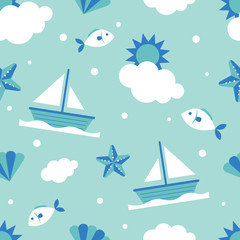 Naklejka premium Seamless Pattern: Summer, Fish and Ship