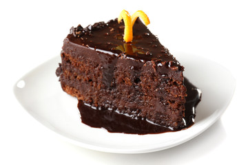 Yummy chocolate cake isolated on white