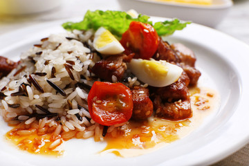 Tasty rice served on table, close-up