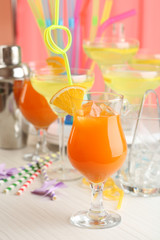 Glasses of fruit cocktails in party close-up