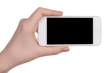 Hand holding mobile smart phone isolated on white