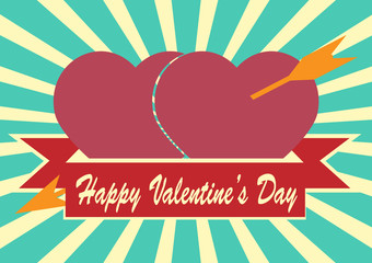 Red heart with arrow and  ribbon on Sunrays Illustration with Va