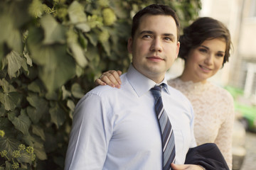 Newlyweds looking away