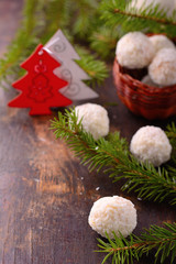 Homemade chocolate candies with coatings such as coconut