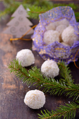 Homemade chocolate candies with coatings such as coconut