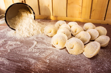 Raw Meat ravioli Russian traditional pelmeni with meat