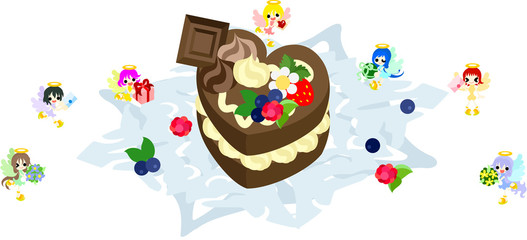 大きなチョコレートケーキと、愛を祝福する小さな天使達。
