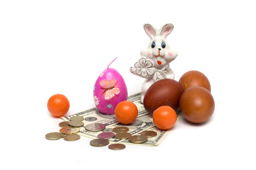 Happy Easter. Easter bunny and money. Photo.