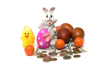 Happy Easter. Easter bunny and money. Photo.