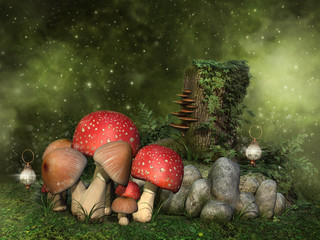 Skały, grzyby i pień drzewa na zielonej łące © Obsidian Fantasy
