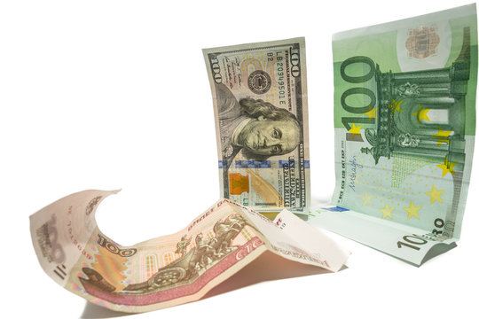 currency dollar and euro looking at fallen russian ruble