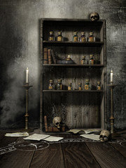 Półka z butelkami na mikstury, czaszkami, książkami i świecami