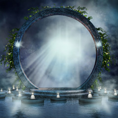 Magiczny portal ze świecami na wodzie - obrazy, fototapety, plakaty
