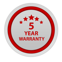 Five year warranty circular icon on white background