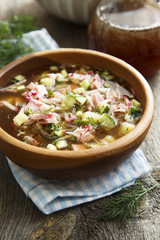 Traditional russian okroshka soup