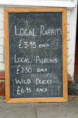 Butchers chalkboard sign - rabbit, pigeon and duck