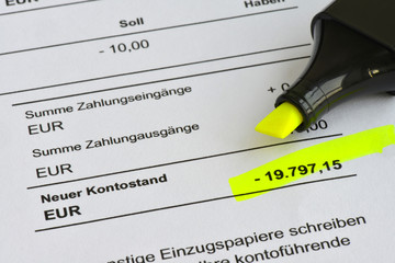 Kontoauszug, Soll, Minus, Überschuldung, Privatinsolvenz, Dispo