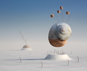 Künstlerisches Bild des surrealen Winters einer Schnecke und einer Walnuss © cakobelo