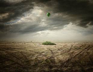 Surreal artistic illustration with a balloon on dry grass - obrazy, fototapety, plakaty