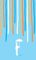 Thick colorful rain falling on guy with umbrella