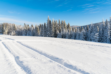 Fototapeta na wymiar Ski track in winter landscape, Beskid Sadecki Mountains, Poland