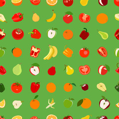 Seamless pattern with colored fruits and vegetables. Vector illu