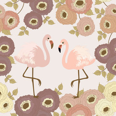 Floral pattern with pair of flamingos