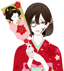 着物の女性　羽子板　負け