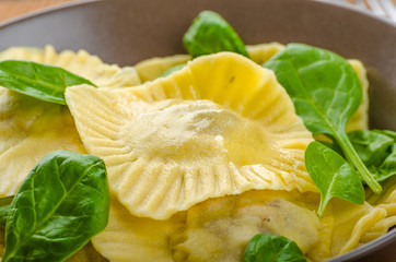 Homemade ravioli stuffed with spinach and ricotta