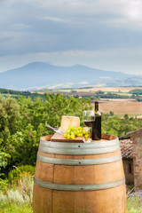 Red wine and grapes with pecorino cheese the Tuscan, Italy