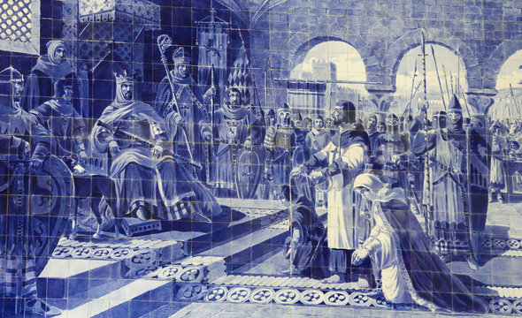 Azulejo panel in Sao Bento Railway Station in Porto, Portugal