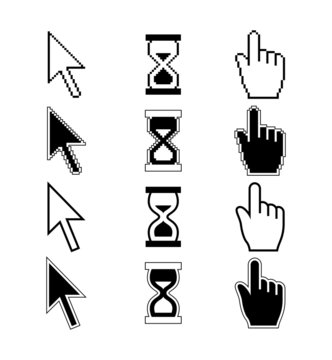 Vector pixel cursors icons - hand cursor mouse pointer hourglass
