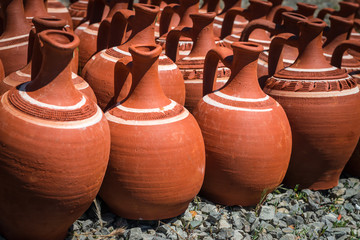 Fototapeta na wymiar Turkish clay pots, selective focus