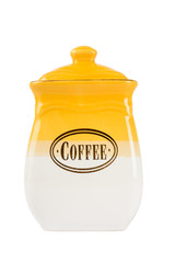 Pots of tea, coffee and sugar, yellow-white color on a white bac