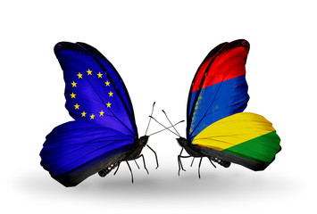 Two butterflies with flags  EU and Mauritius