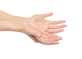 Open palm hand gesture of male hand.