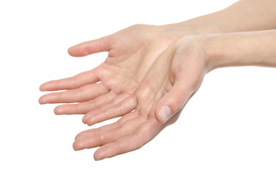 Open palm hand gesture of male hand.
