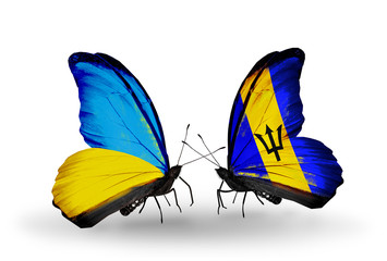 Two butterflies with flags Ukraine and Barbados