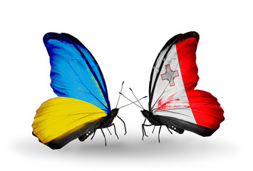 Two butterflies with flags  Ukraine and Malta