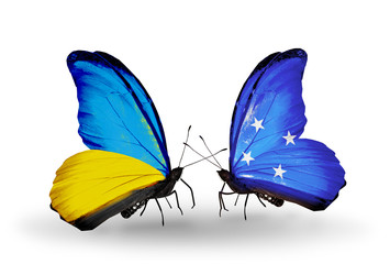 Two butterflies with flags Ukraine and Micronesia