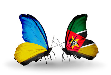 Two butterflies with flags Ukraine and Mozambique