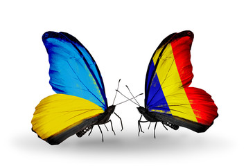 Two butterflies with flags Ukraine and Chad, Romania