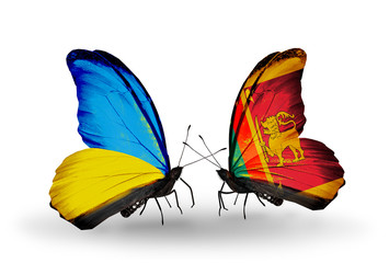 Fototapeta na wymiar Two butterflies with flags Ukraine and Sri Lanka