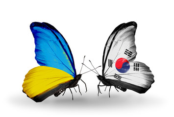 Two butterflies with flags  Ukraine and South Korea