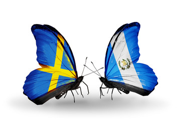 Two butterflies with flags Sweden and Guatemala