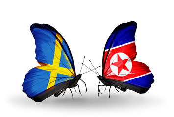 Two butterflies with flags Sweden and North Korea