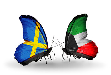 Two butterflies with flags Sweden and Kuwait