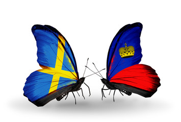 Two butterflies with flags Sweden and Liechtenstein
