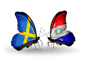 Two butterflies with flags Sweden and Paraguay