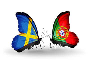 Two butterflies with flags Sweden and Portugal